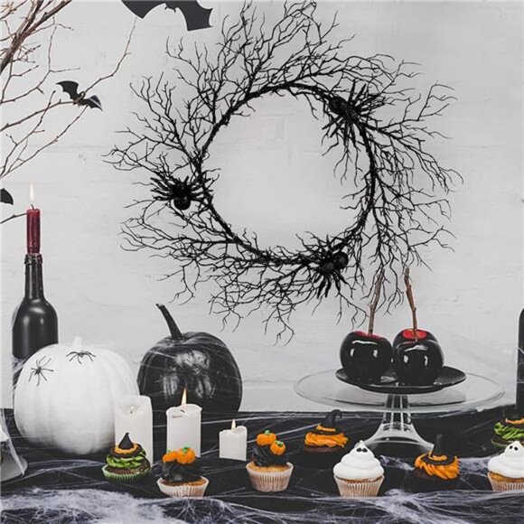 24" Black Spider Halloween Wreath with Purple Lights–Spooky Indoor/Outdoor Decor - Picture 6 of 7